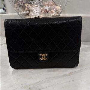 CHANEL Black Quilted Lambskin Clutch with Gold CC AUTHENTICITY certificate